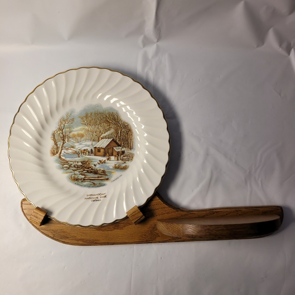 Northshore Wood Products Plate Holder Wall Shelf Oak with Currier & Ives Plate